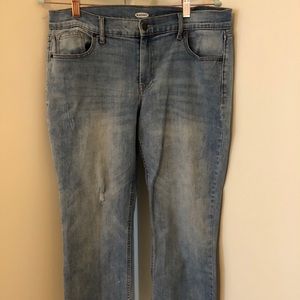 Light wash flare ankle jeans with raw hem